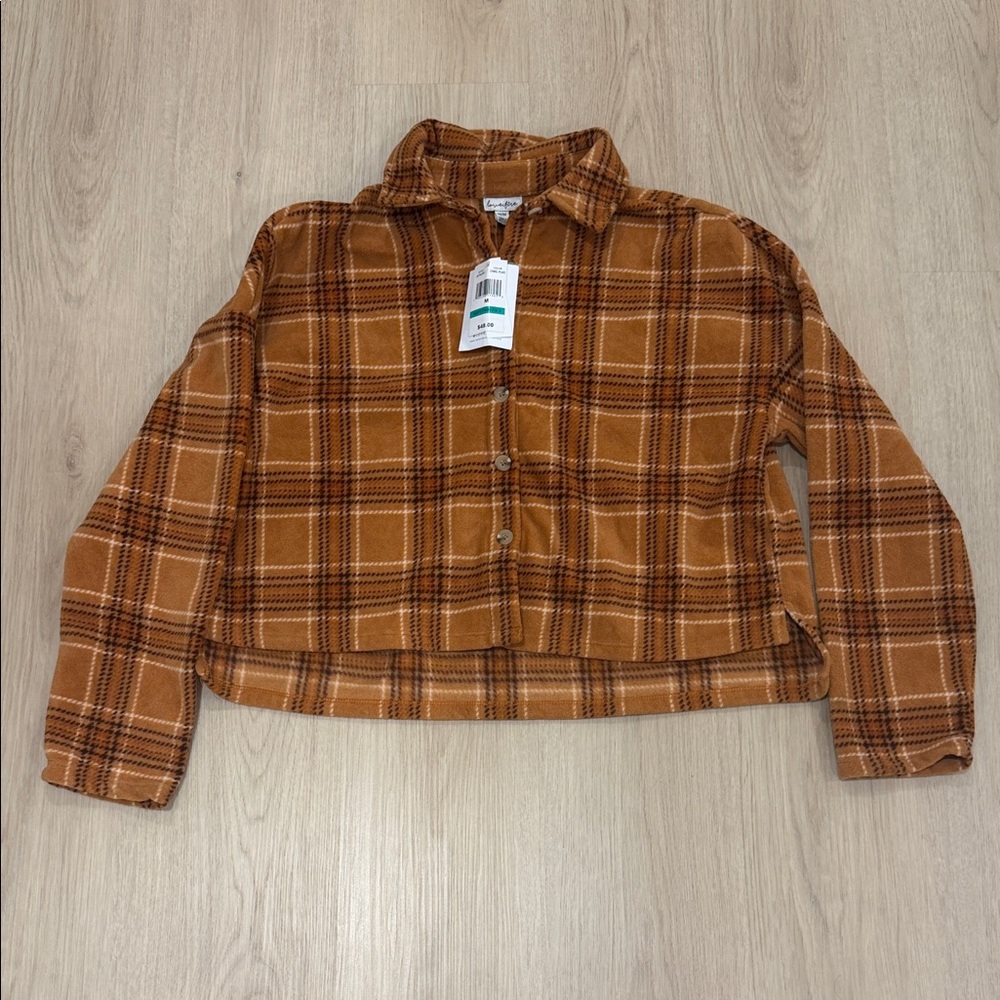 NWT Love Fire Medium Plaid Cropped Button-Front Jacket in Rust